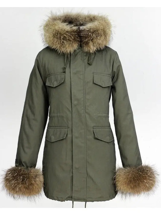 Fur-Trim Hooded Parka Coat-Khaki Green - Branna Couture