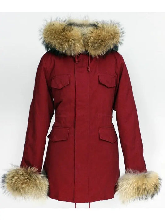 Fur-Trim Hooded Parka Coat-Red - Branna Couture