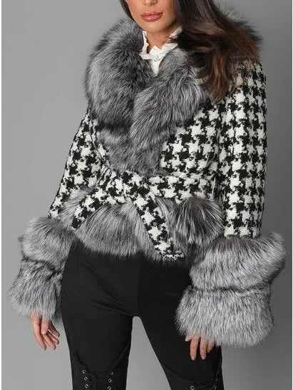 Fur-Trim Houndstooth Jacket - Branna Couture