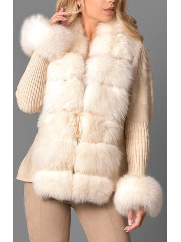 Fur-Trim Knit Cardigan Sweater in Beige - Branna Couture