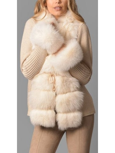 Fur-Trim Knit Cardigan Sweater in Beige - Branna Couture