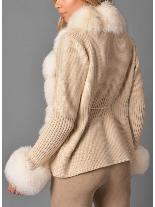 Fur-Trim Knit Cardigan Sweater in Beige - Branna Couture