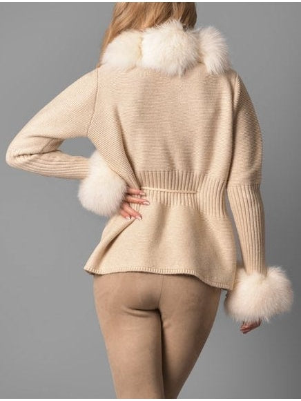 Fur-Trim Knit Cardigan Sweater in Beige - Branna Couture