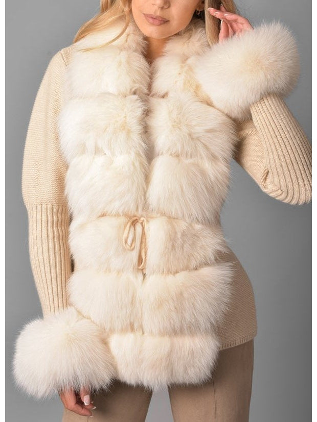 Fur-Trim Knit Cardigan Sweater in Beige - Branna Couture