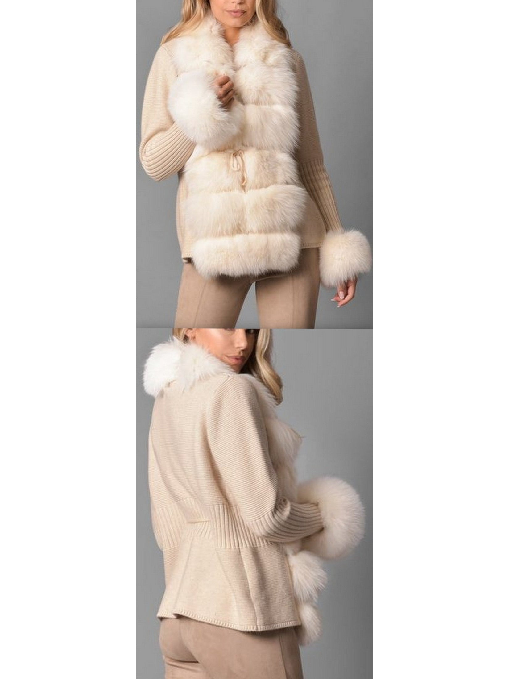 Fur-Trim Knit Cardigan Sweater in Beige - Branna Couture