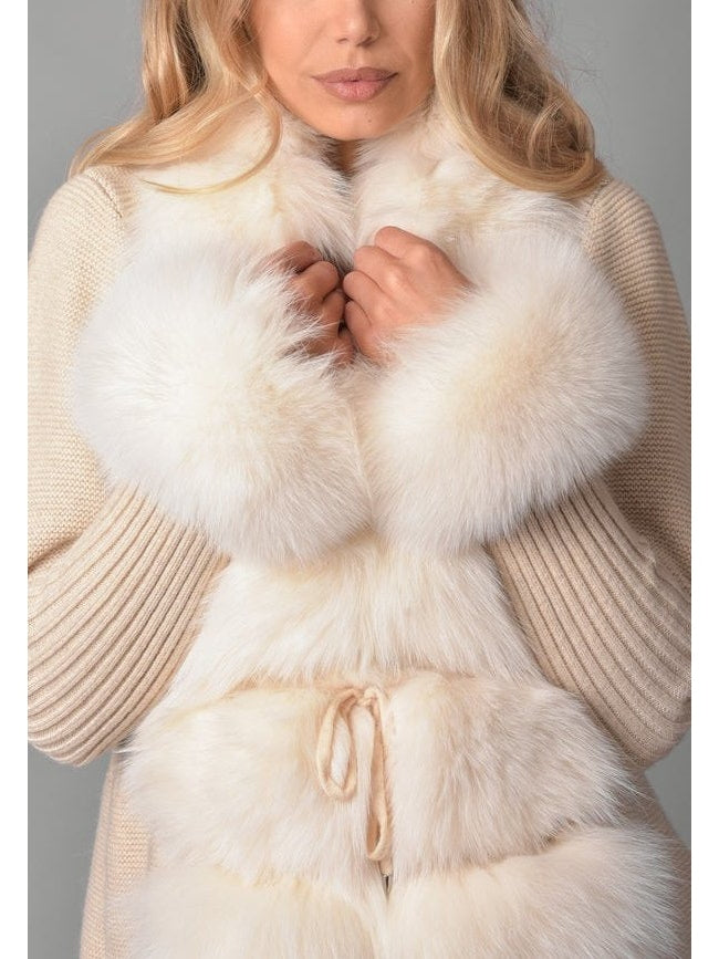 Fur-Trim Knit Cardigan Sweater in Beige - Branna Couture