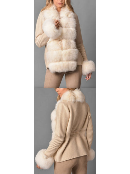 Fur-Trim Knit Cardigan Sweater in Beige - Branna Couture