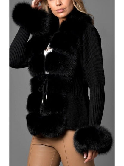 Fur-Trim Knit Cardigan Sweater in Black - Branna Couture