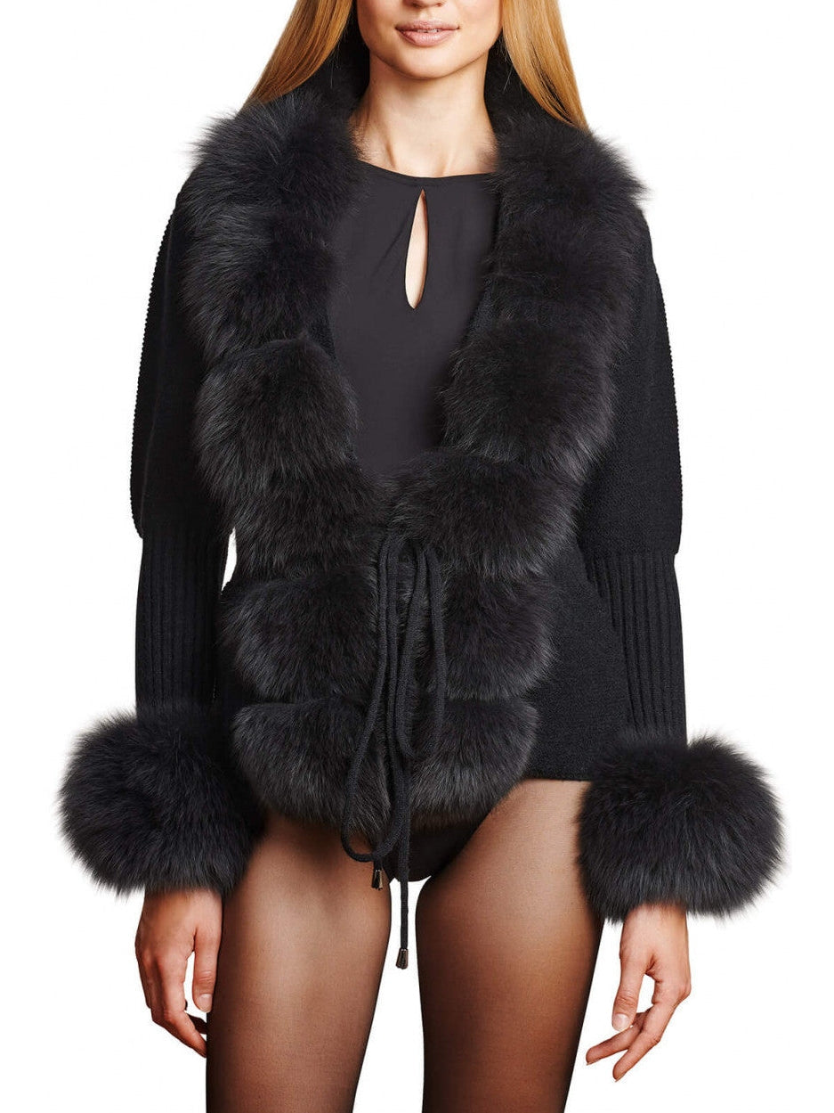 Fur-Trim Knit Cardigan Sweater in Black - Branna Couture