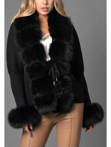 Fur-Trim Knit Cardigan Sweater in Black - Branna Couture