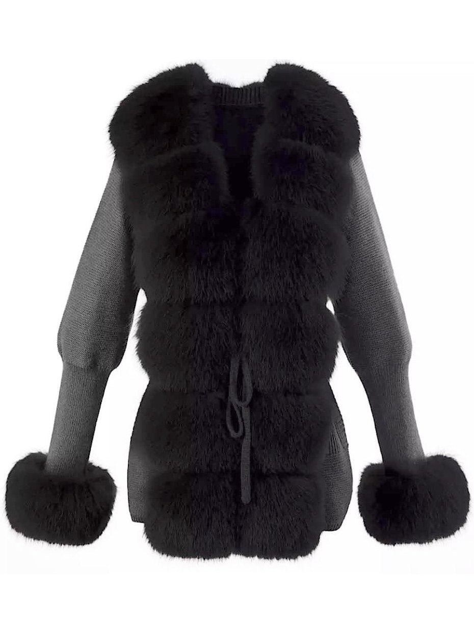 Fur-Trim Knit Cardigan Sweater in Black - Branna Couture