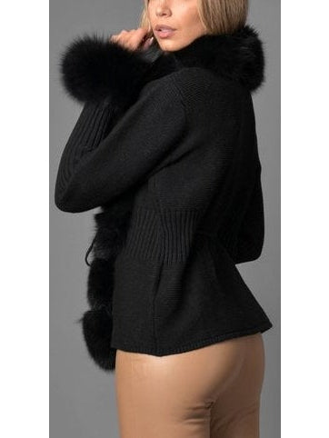 Fur-Trim Knit Cardigan Sweater in Black - Branna Couture