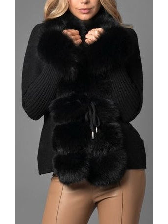 Fur-Trim Knit Cardigan Sweater in Black - Branna Couture