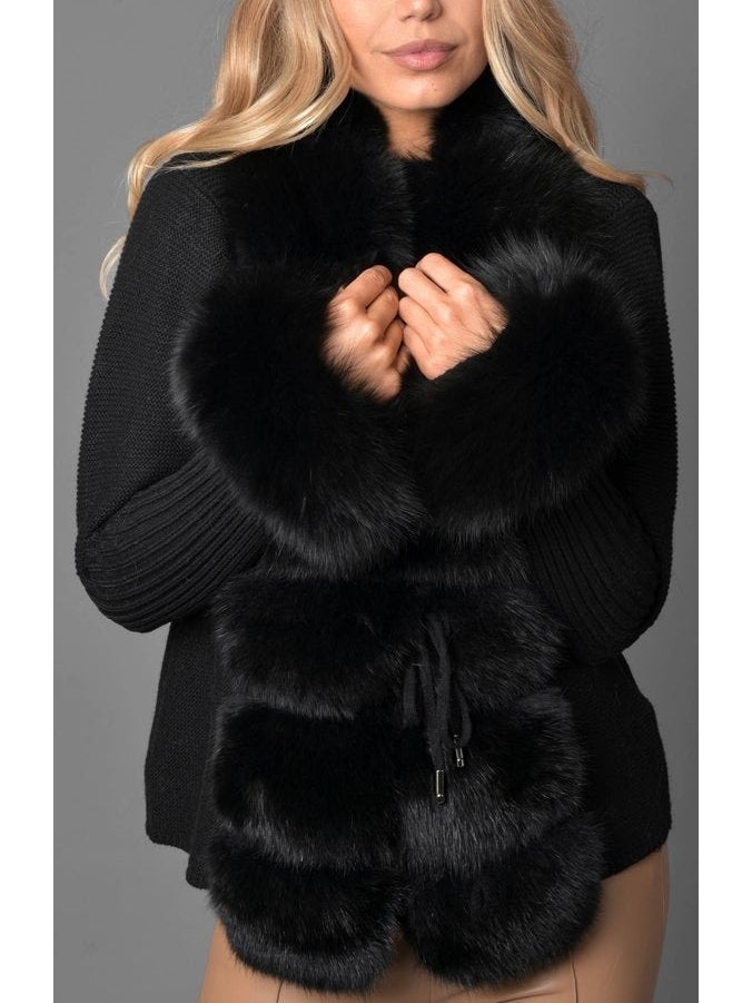 Fur-Trim Knit Cardigan Sweater in Black - Branna Couture