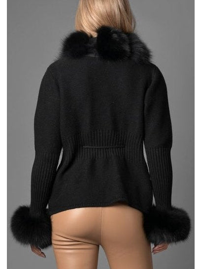 Fur-Trim Knit Cardigan Sweater in Black - Branna Couture