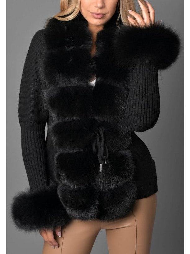 Fur-Trim Knit Cardigan Sweater in Black - Branna Couture