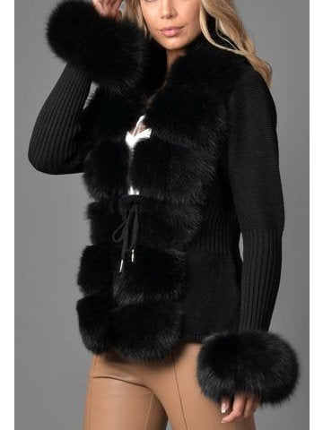 Fur-Trim Knit Cardigan Sweater in Black - Branna Couture