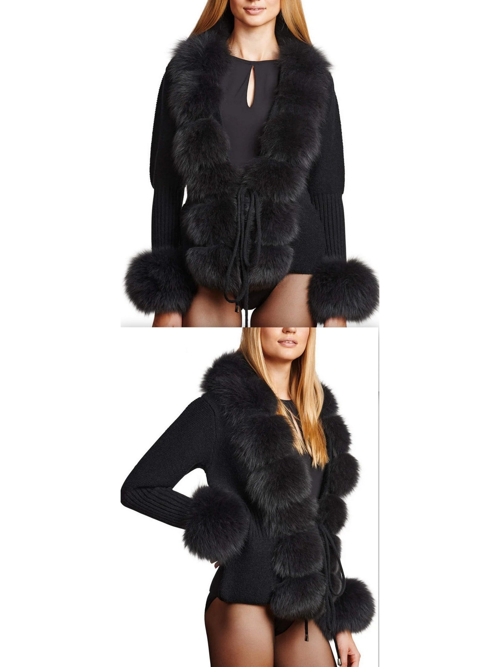 Fur-Trim Knit Cardigan Sweater in Black - Branna Couture