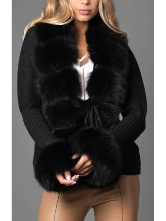 Fur-Trim Knit Cardigan Sweater in Black - Branna Couture