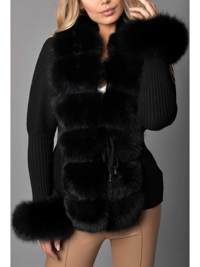 Fur-Trim Knit Cardigan Sweater in Black - Branna Couture