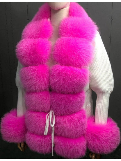 Fur-Trim Knit Cardigan Sweater in Fuchsia and White - Branna Couture