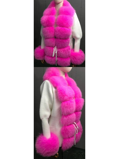 Fur-Trim Knit Cardigan Sweater in Fuchsia and White - Branna Couture