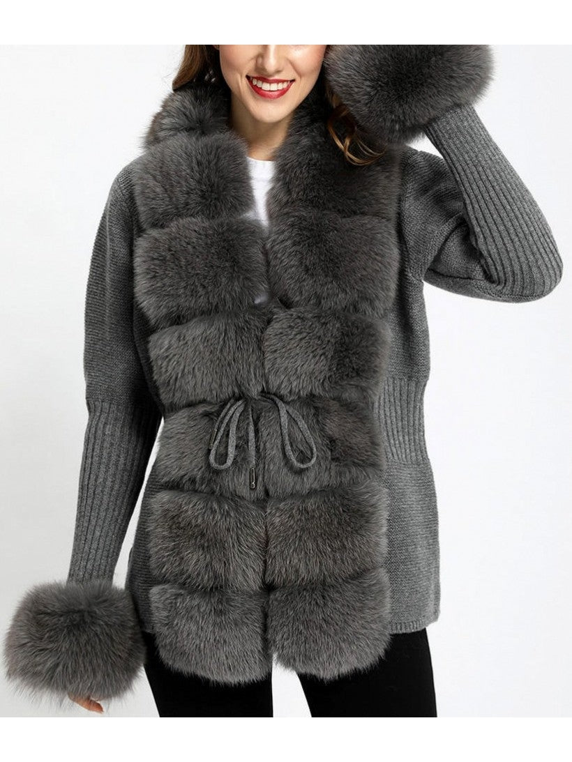 Fur-Trim Knit Cardigan Sweater in Gray - Branna Couture