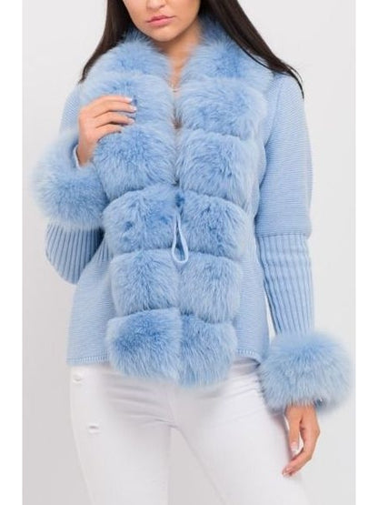 Fur-Trim Knit Cardigan Sweater in Light Blue - Branna Couture