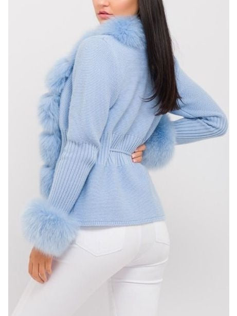 Fur-Trim Knit Cardigan Sweater in Light Blue - Branna Couture