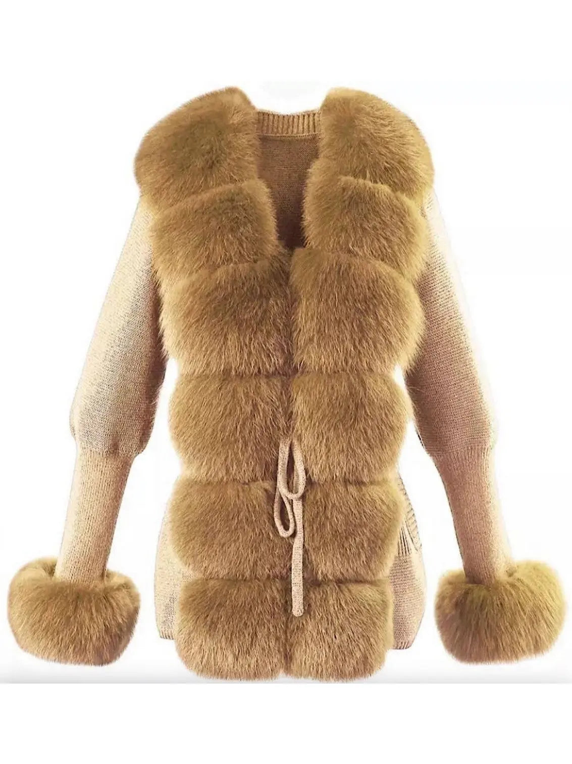 Fur-Trim Knit Cardigan Sweater in Light Camel - Branna Couture