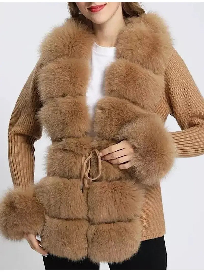 Fur-Trim Knit Cardigan Sweater in Light Camel - Branna Couture