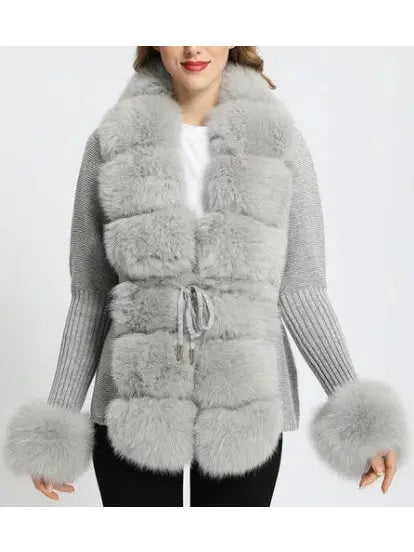 Fur-Trim Knit Cardigan Sweater in Light Gray - Branna Couture