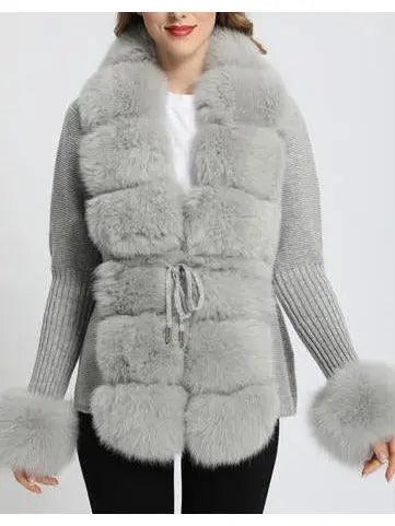 Fur-Trim Knit Cardigan Sweater in Light Gray - Branna Couture