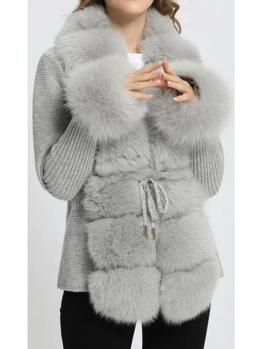 Fur-Trim Knit Cardigan Sweater in Light Gray - Branna Couture