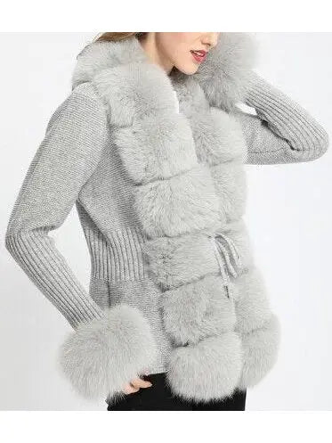 Fur-Trim Knit Cardigan Sweater in Light Gray - Branna Couture