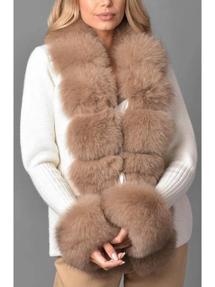 Fur-Trim Knit Cardigan Sweater in Natural and White - Branna Couture