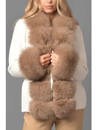 Fur-Trim Knit Cardigan Sweater in Natural and White - Branna Couture