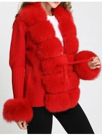 Fur-Trim Knit Cardigan Sweater in Red - Branna Couture