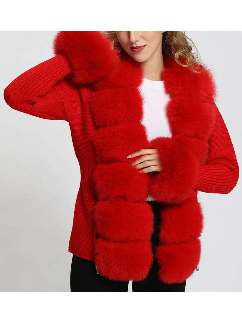 Fur-Trim Knit Cardigan Sweater in Red - Branna Couture