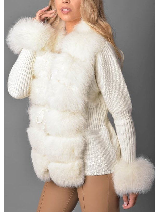 Fur-Trim Knit Cardigan Sweater in White/Cream - Branna Couture