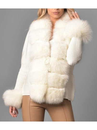 Fur-Trim Knit Cardigan Sweater in White/Cream - Branna Couture