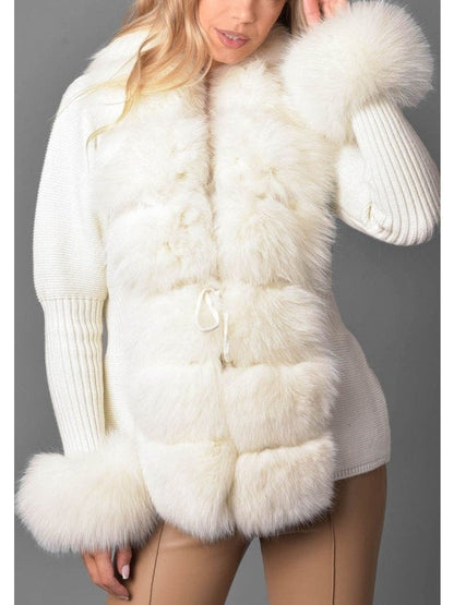 Fur-Trim Knit Cardigan Sweater in White/Cream - Branna Couture