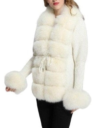 Fur-Trim Knit Cardigan Sweater in White/Cream - Branna Couture