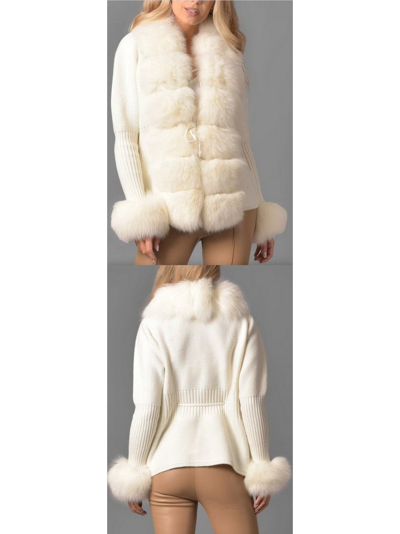 Fur-Trim Knit Cardigan Sweater in White/Cream - Branna Couture