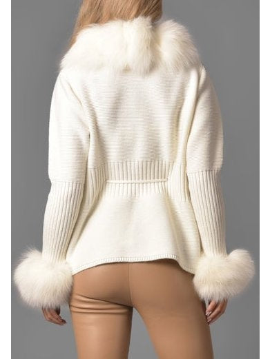 Fur-Trim Knit Cardigan Sweater in White/Cream - Branna Couture