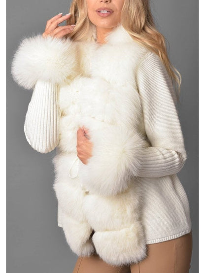 Fur-Trim Knit Cardigan Sweater in White/Cream - Branna Couture