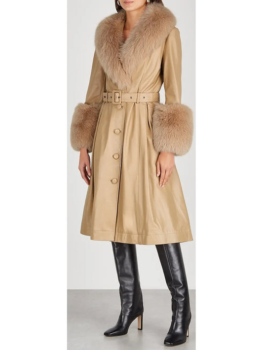 Fur-Trim Leather Coat, Beige - Branna Couture