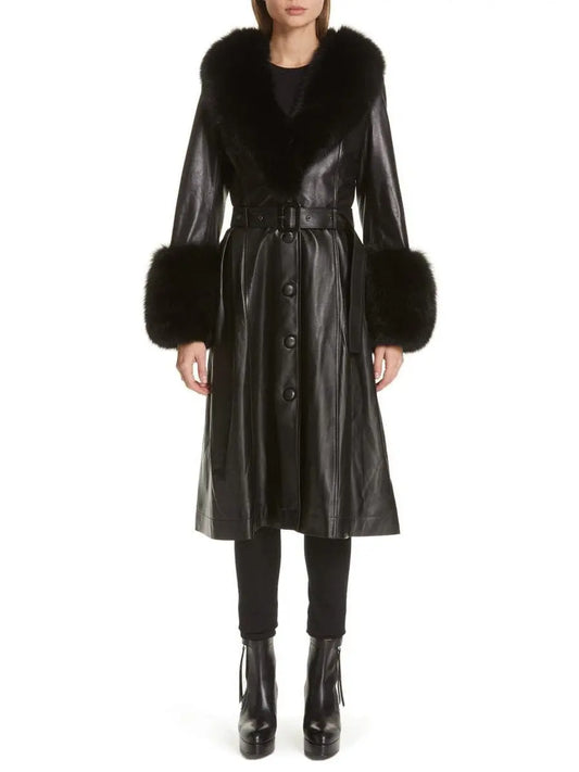 Fur-Trim Leather Coat, Black - Branna Couture