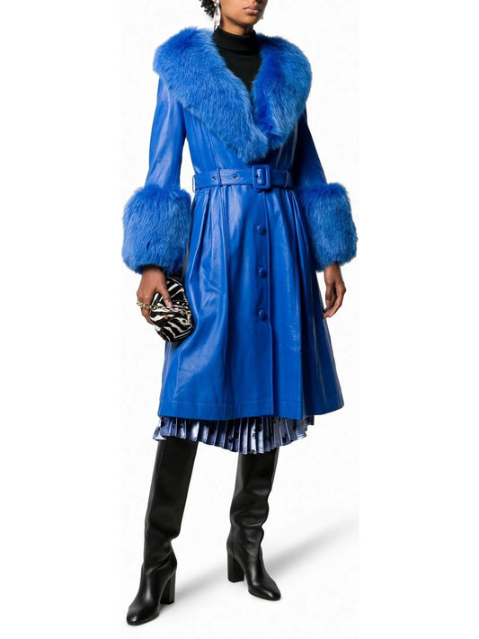 Fur-Trim Leather Coat, Blue - Branna Couture