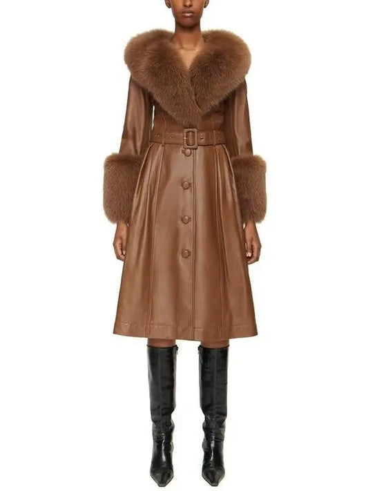 Fur-Trim Leather Coat, Brown - Branna Couture